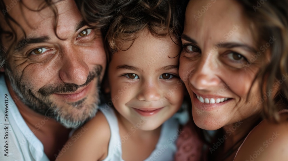 A joyful family moment captured in a close-up portrait with a man woman and child sharing smiles and warmth. A joyful family moment captured in a close-up portrait with a man woman and child sharing smiles and warmth.