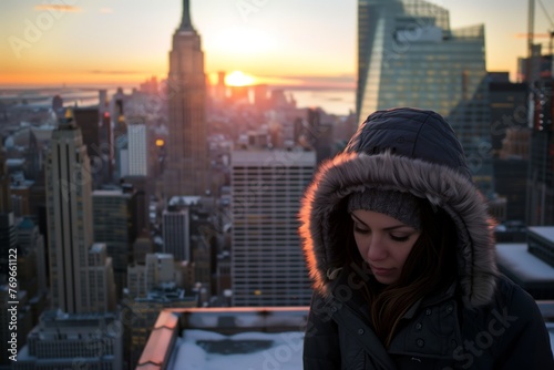woman in winter coat on city rooftop with sunset and skyscrapers