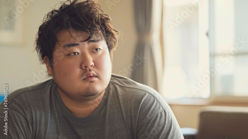 Asian man with messy hair pensive expression sitting in a room with natural light.