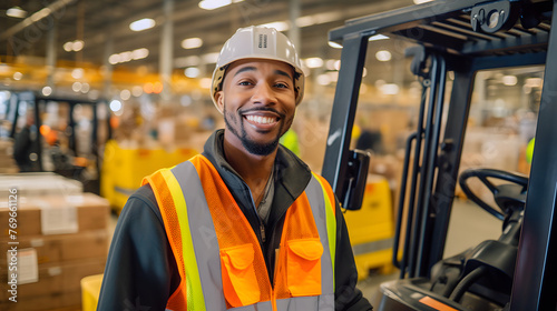 Cheerful male employee in safety gear standing in front of a forklift inside an industrial warehouse setting