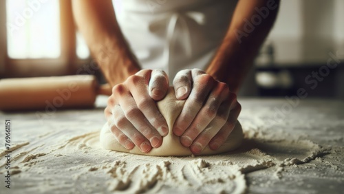 Male hands kneading dough on table with flour, closeup