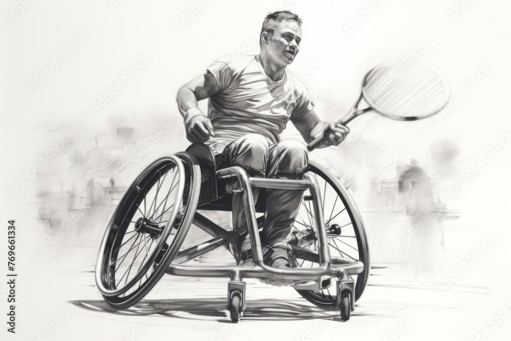 Man with racket playing tennis in wheelchair - obrazy, fototapety, plakaty 
