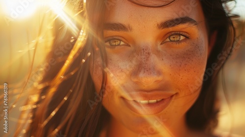 A close-up of a woman with freckles striking eyes and a soft smile set against a blurred warm-toned background possibly a sunset.