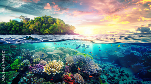 A view of a vibrant coral reef underwater with the sun setting in the background, casting a warm glow over the colorful marine life