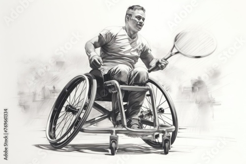 Man with racket playing tennis in wheelchair