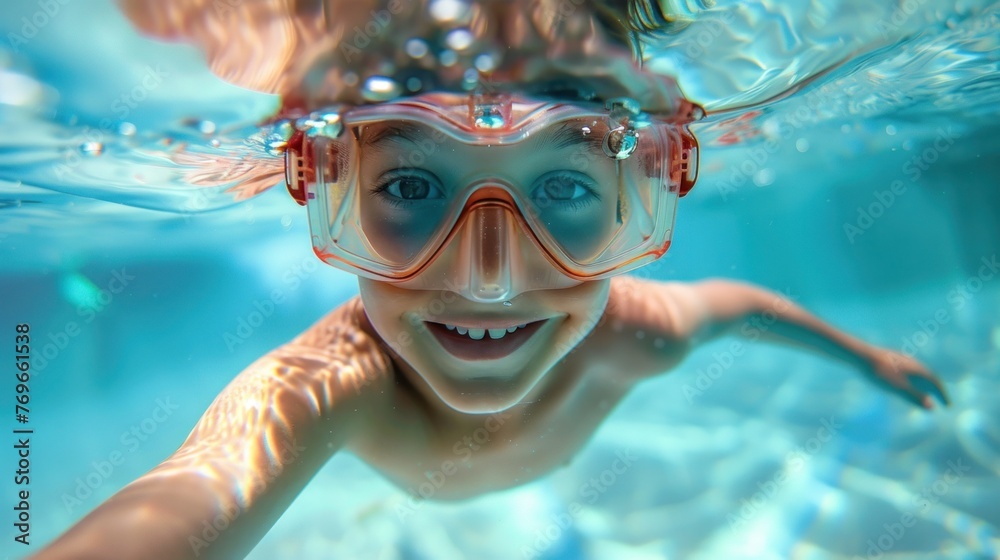 A young child with a joyful expression wearing goggles and swimming underwater.