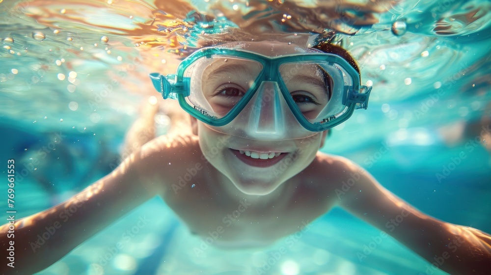 Young child with a joyful expression wearing blue goggles swimming in clear blue water surrounded by bubbles.