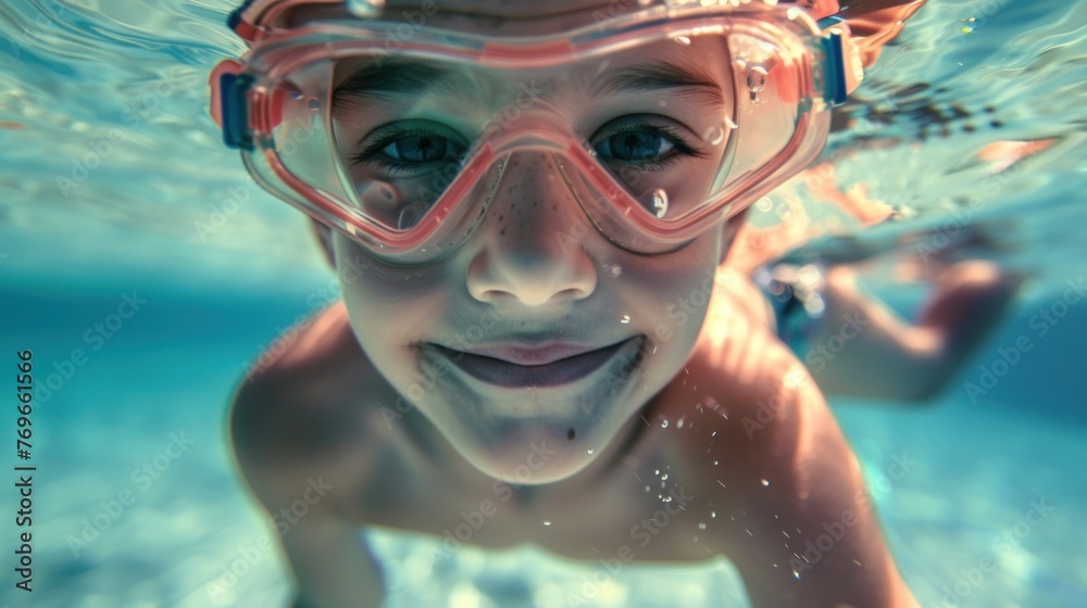 A young child with a joyful expression wearing pink goggles swimming underwater with bubbles around them.
