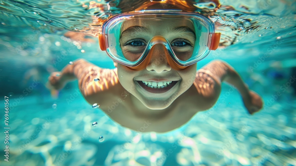 A young child with a joyful expression wearing goggles swimming underwater in a pool.