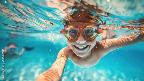 "A joyful child wearing goggles smiling underwater with a blue background possibly in a pool."