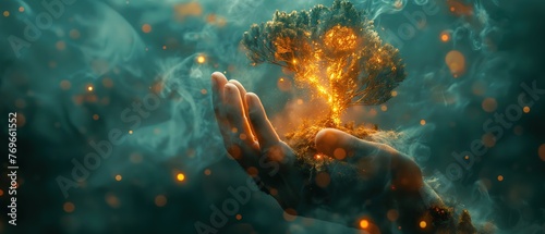 tree growing on hand is burning with fire flame and smoke, global warming and environment crisis, Generative Ai