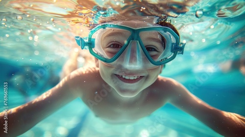 Young child with a joyful expression wearing blue goggles swimming in clear blue water surrounded by bubbles.
