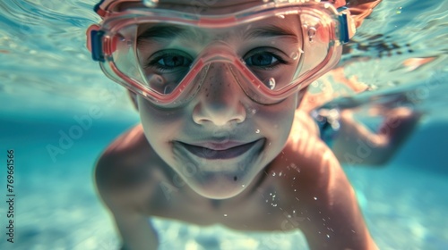A young child with a joyful expression wearing pink goggles swimming underwater with bubbles around them.