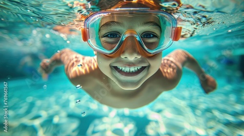 A young child with a joyful expression wearing goggles swimming underwater in a pool.