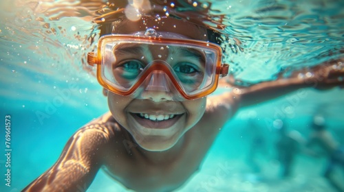 A young boy with a joyful expression wearing orange goggles swimming underwater with his arms outstretched.