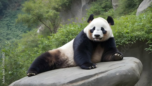 A Giant Panda Lounging On A Comfortable Rock