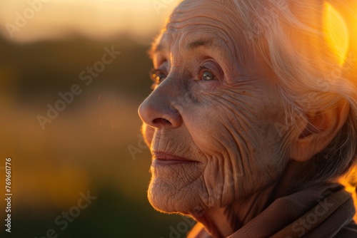 Closeup of a senior womans serene face, bathed in sunset light, reflecting wisdom and health © chayantorn