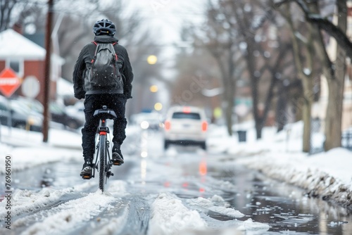 cyclist navigating through slushy streets
