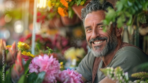 Smiling man with beard and gray hair surrounded by colorful flowers and greenery. © iuricazac