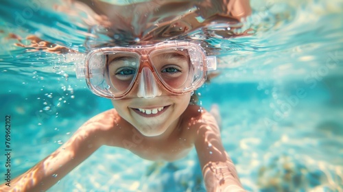 A young child with a joyful expression wearing pink goggles swimming underwater with bubbles around them.