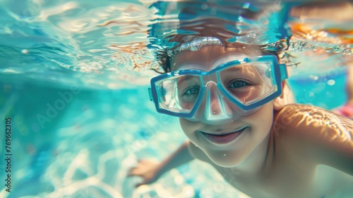 A young child with blue goggles smiling underwater surrounded by clear blue water.