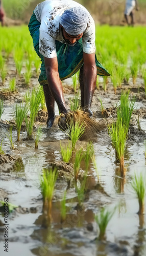 Indian agricultural laborer sowing paddy seeds in a muddy agricultural field during the rice planting season