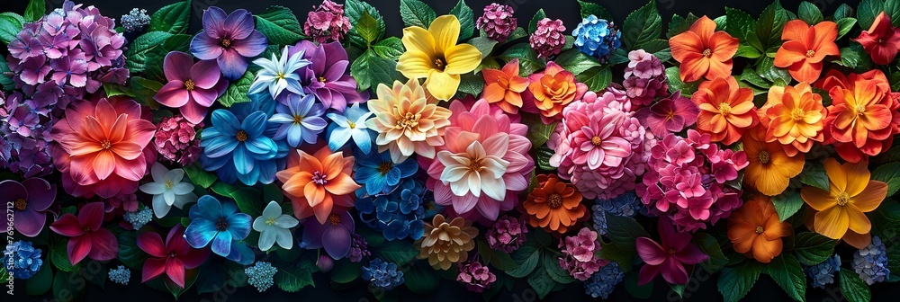 A vibrant bunch of flowers adorns a wall, their petals and stems bending gracefully as if caught in a whimsical dance A vibrant bunch of flowers adorns a wall, their petals and stems bending gracefully as if caught in a whimsical dance