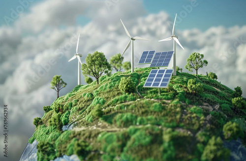 Earth on the soil with green trees, solar panels and wind turbines. Model representation. AI Generated