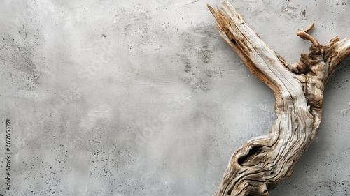 A piece of driftwood on a gray concrete background with space for text or design elements.