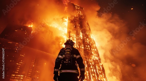 A firefighter stands in front of a burning building
