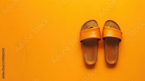 A pair of orange sandals neatly placed on a vibrant background with ample copy space.