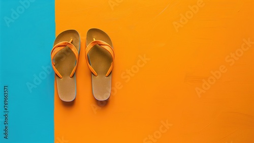 A pair of flip-flops positioned on a dual-colored blue and orange background.