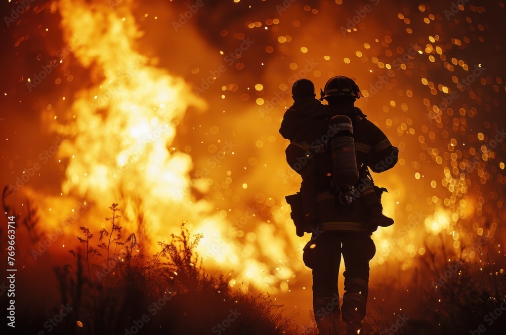 A firefighter is carrying a child while walking through a fire