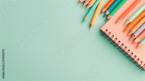 A variety of colored pencils arranged on a notepad against pastel green background.
