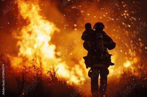 A firefighter is carrying a child while walking through a fire