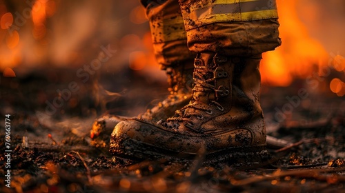 A firefighter's boots are covered in mud and ash