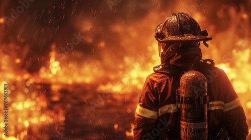 A firefighter is standing in front of a burning building