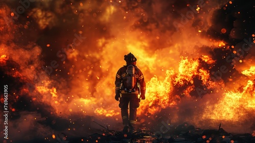A firefighter stands in front of a burning building