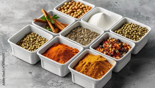 Fototapeta Naklejka Na Ścianę i Meble -  Vibrant spice palette  artistic display of various spices in small bowls for culinary inspiration