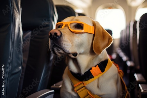 A guide dog wearing yellow glasses sits in the cabin of an airplane. Traveling with animals. Travel for people with special needs © Ari