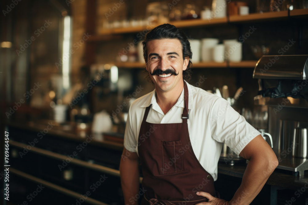 Smiling handsome waiter with mustache in front of the bar counter Smiling handsome waiter with mustache in front of the bar counter
