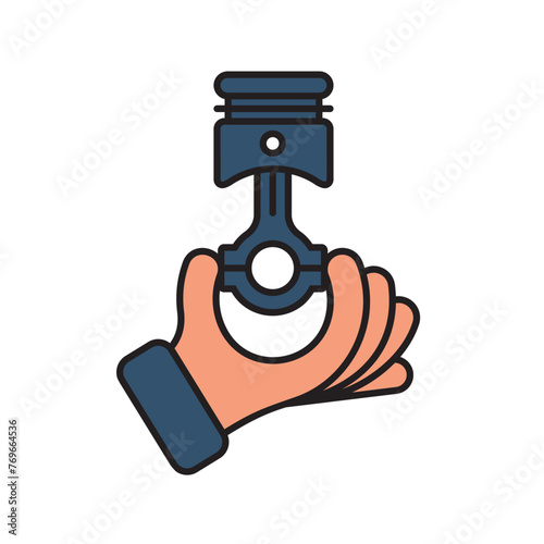 Mechanic holds an engine piston in hand. Spare cars. Engine parts. Vector illustration cartoon line design. Isolated on white background. Element design for web mobile app, print as logo repairs cars.