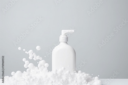 White soap dispenser bottle with foam bubbles standing on table on gray background