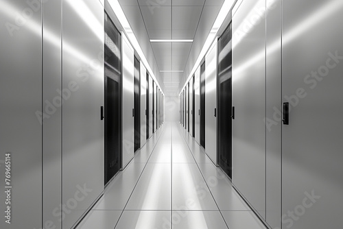 minimalist shot showcasing the sleek and modular design of server racks in a data center, with interchangeable components and scalable architecture ensuring adaptability to changin photo