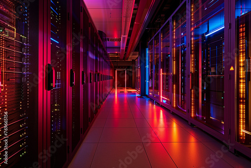 server racks in a data center, captured against a backdrop of sleek glass panels and futuristic lighting, creating a high-tech and immersive environment, photo