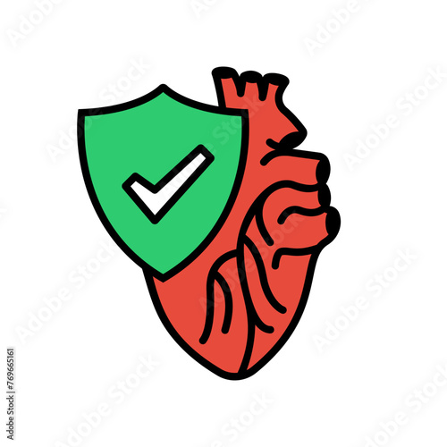 Heart protection is a color icon. Safety human. A shield is a symbol of protection of the human heart. Healthcare concept. Vector illustration flat design. Isolated on a white background.