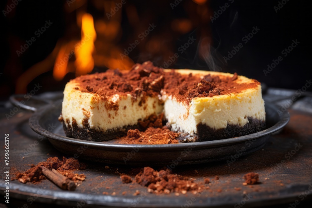 Hearty cheesecake in a clay dish against a rusted iron background Hearty cheesecake in a clay dish against a rusted iron background