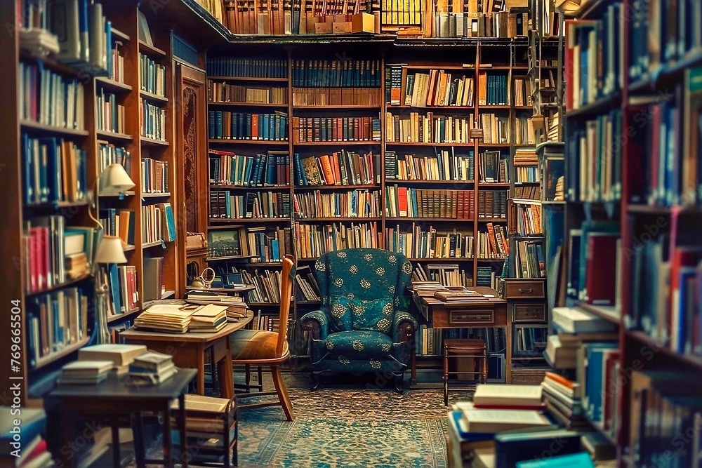 Old bookshelf with books and armchair in the library. Books in a library - obrazy, fototapety, plakaty 