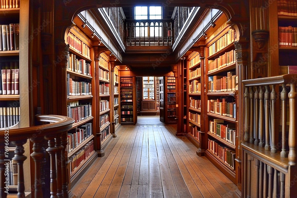 Library interior with bookshelves and wooden floor, England, UK