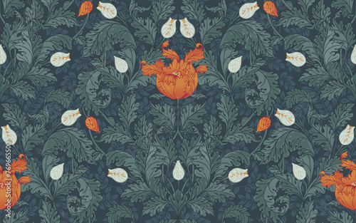 Floral vintage seamless pattern for retro wallpapers, textiles, designs. Enchanted Vintage Flowers. Arts and Crafts movement inspired.